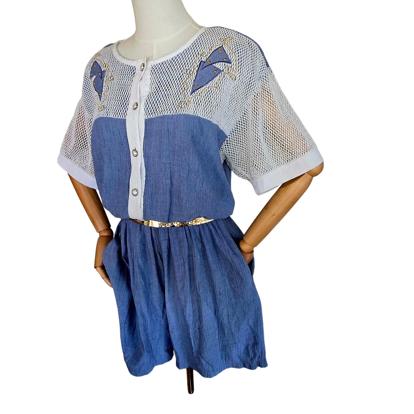 Size L – Vintage 1980s Raphael Denim Blue & White Mesh Romper