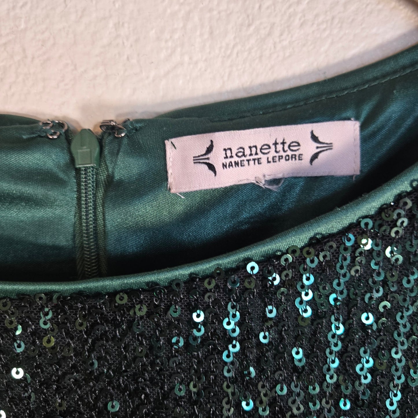 S – Nanette Lepore Green Sequin Ruched Midi Party Dress