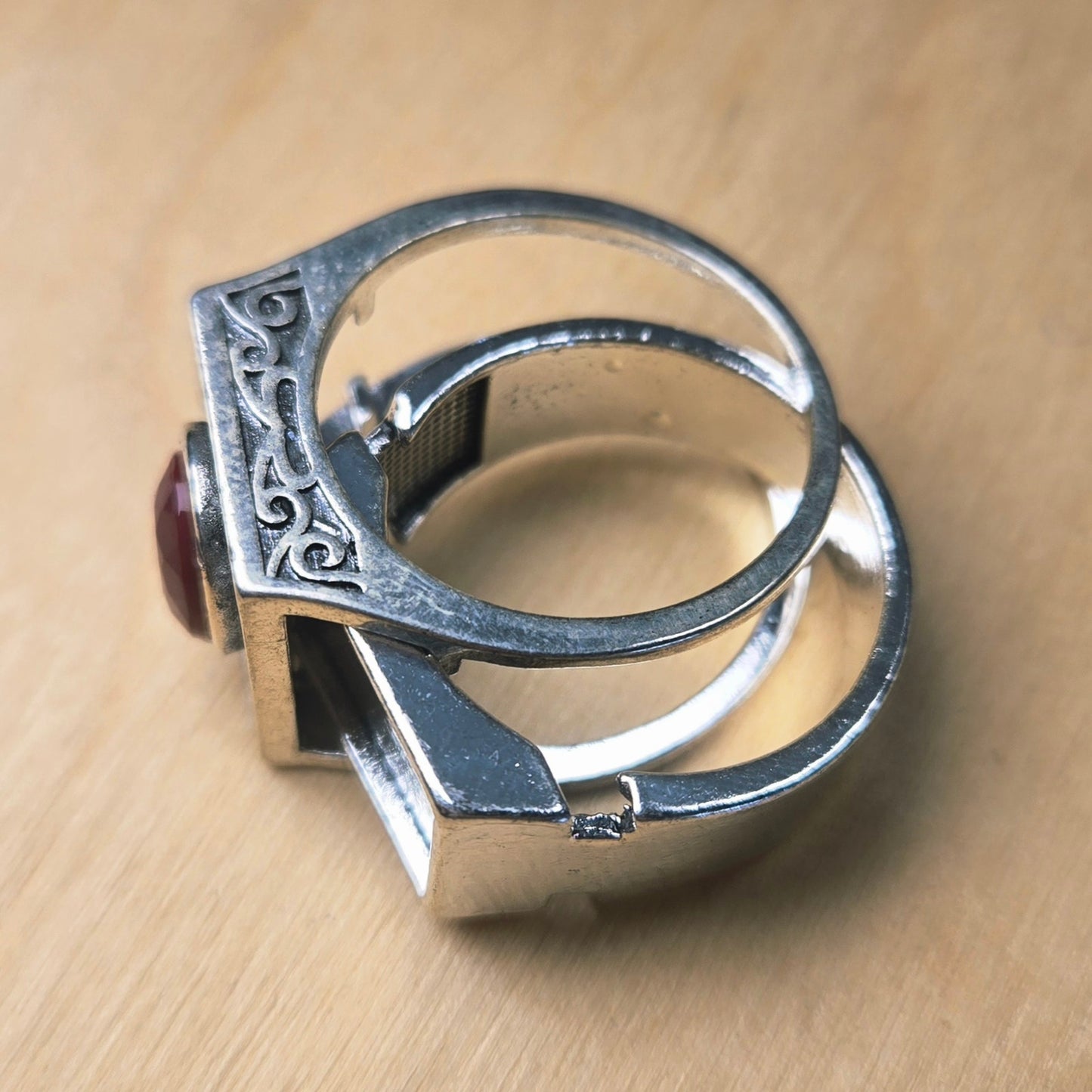 Size 6 Silver Red Stone Poison Ring with Hidden Compartment