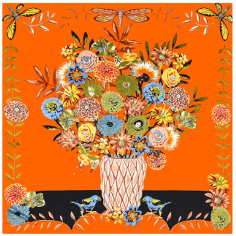 Orange Floral Bouquet & Dragonfly Border 51" x 51" Square Silk Scarf
