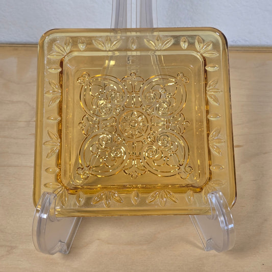 Vintage Amber Pressed Glass Square Plate – 5.5" Floral Scroll Design Dish