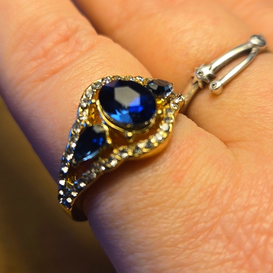 Size 8 Blue Sapphire Halo Cocktail Ring – Princess Diana Style Gold Tone