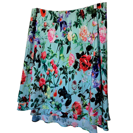 Soft Satin style floral asymmetrical midi skirt layered colorful