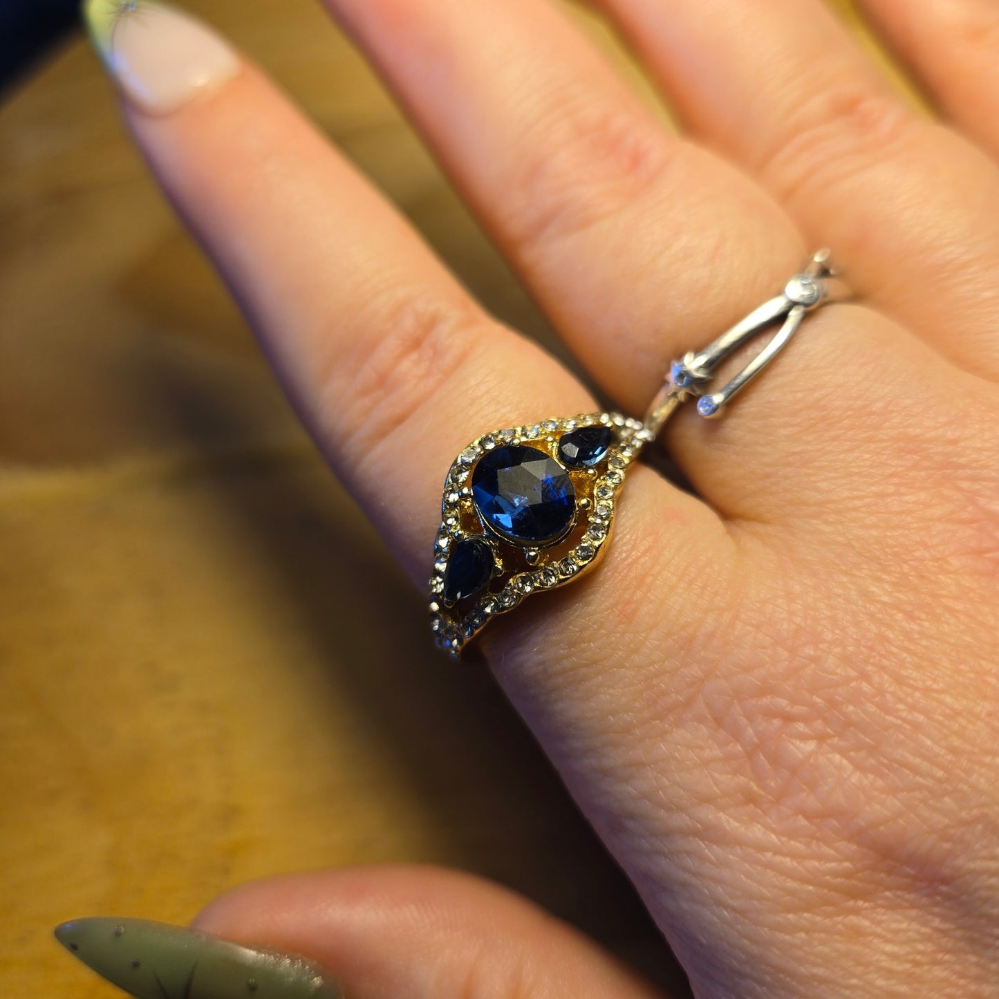 Size 8 Blue Sapphire Halo Cocktail Ring – Princess Diana Style Gold Tone