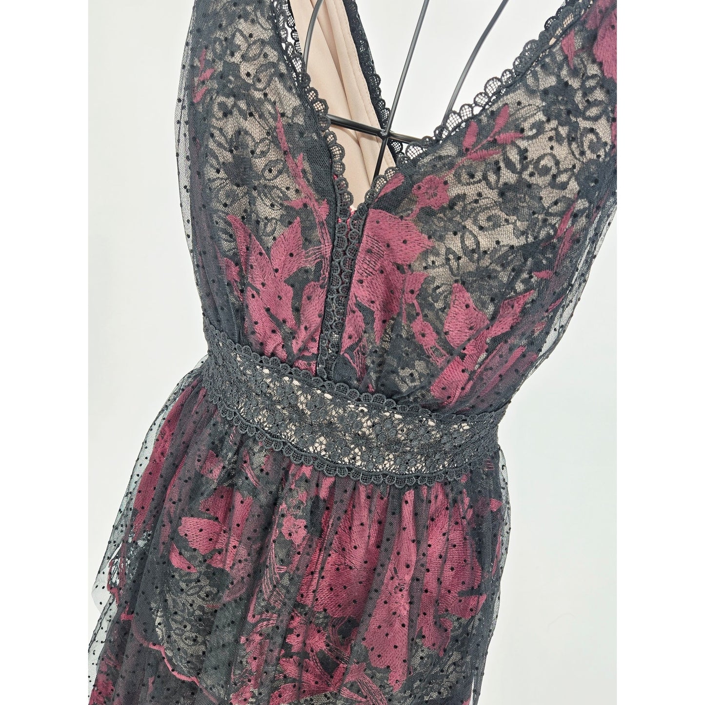 Size 12 BHLDN Burgundy Black Lace Midi Dress Gothic Floral Mesh Party Prom