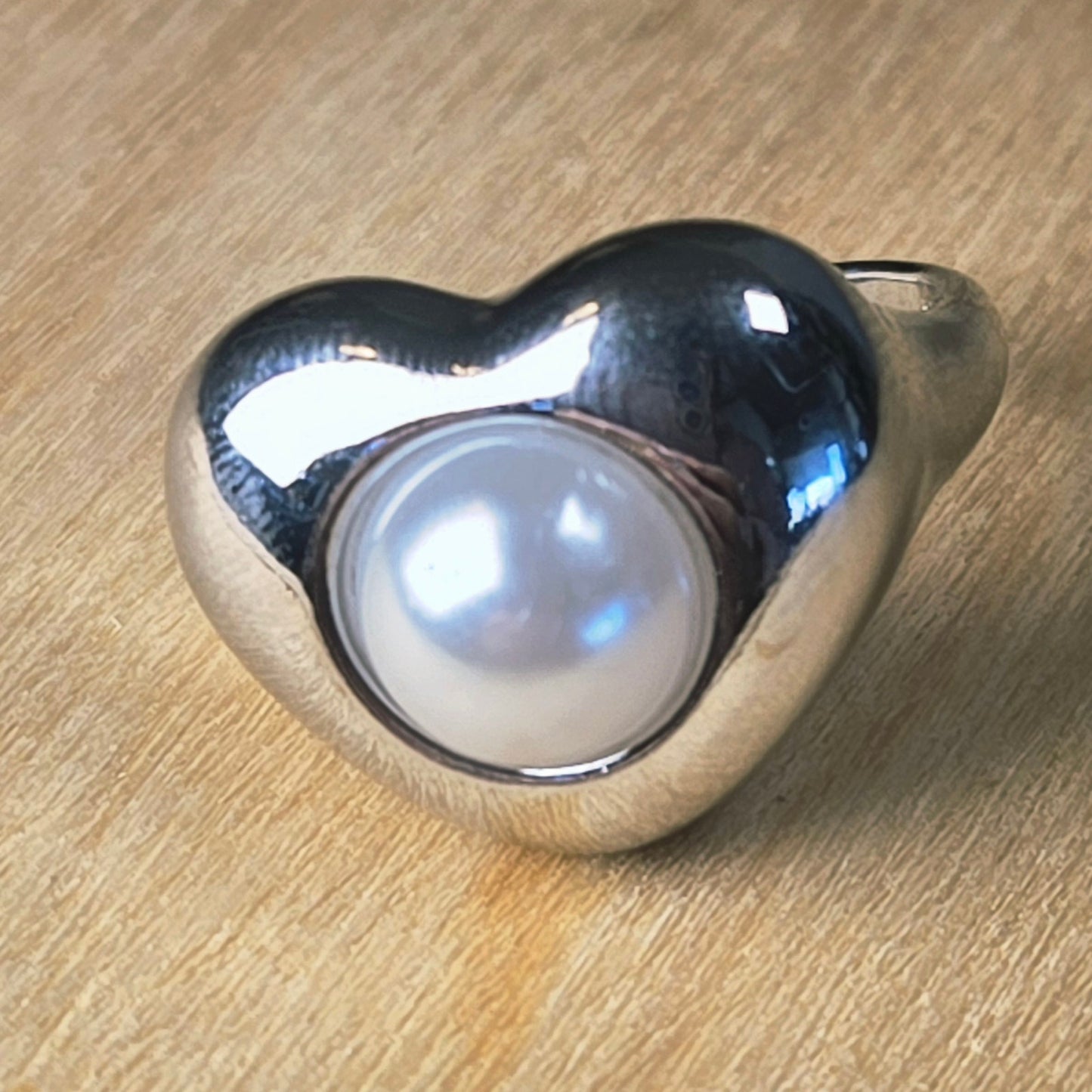 Adjustable | Modern Sculpted Heart Ring with Pearl Center