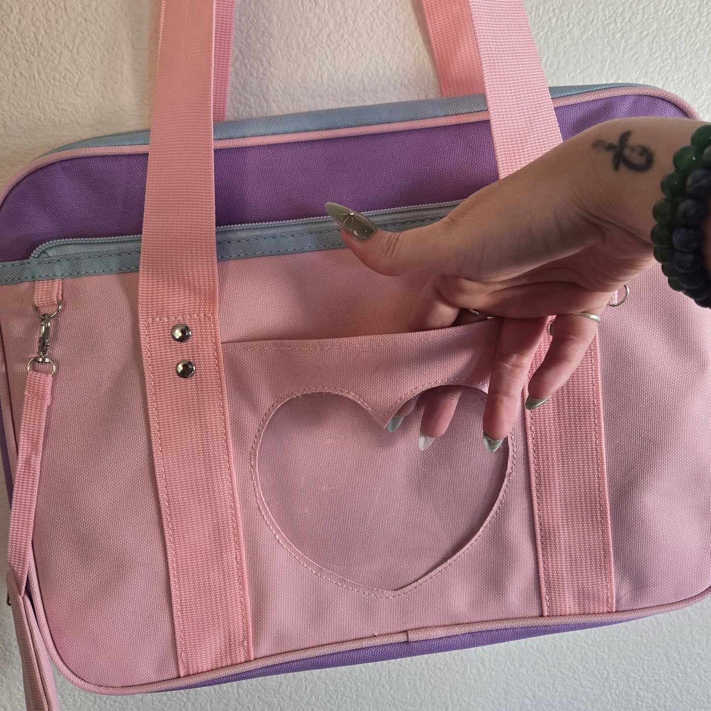 Kawaii Heart Ita Bag Pink & Purple Shoulder Tote – Pin Display Window Bag w/ Coin Purse