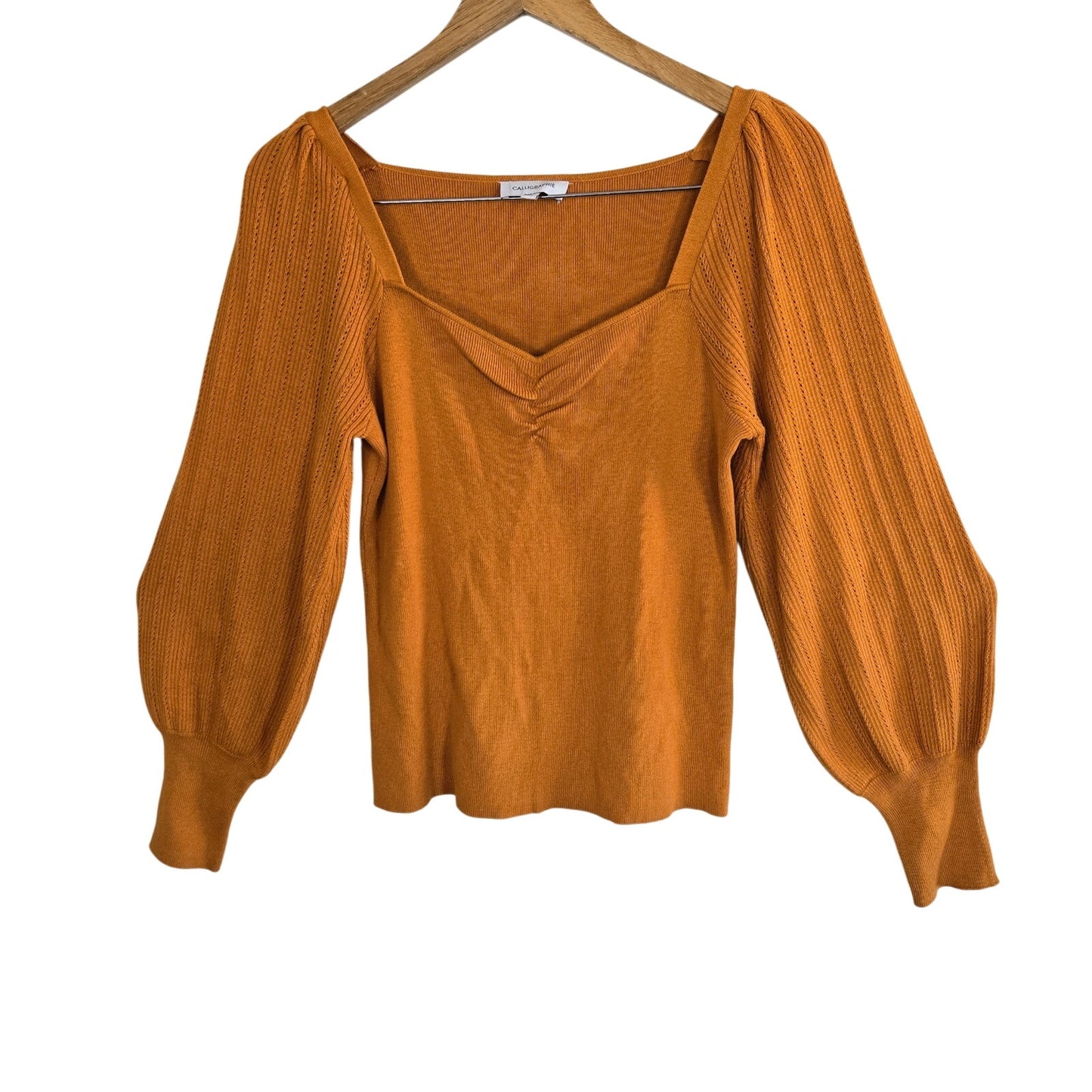 Size L – Calligraphie Mustard Yellow Knit Sweater – Sweetheart Neckline & Balloon Sleeves