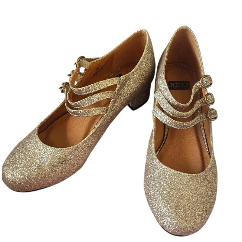 Size 8 Gold Glitter Ballet triple strap round toe flats kitten heel