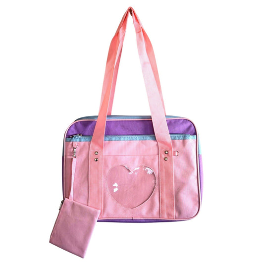 Kawaii Heart Ita Bag Pink & Purple Shoulder Tote – Pin Display Window Bag w/ Coin Purse