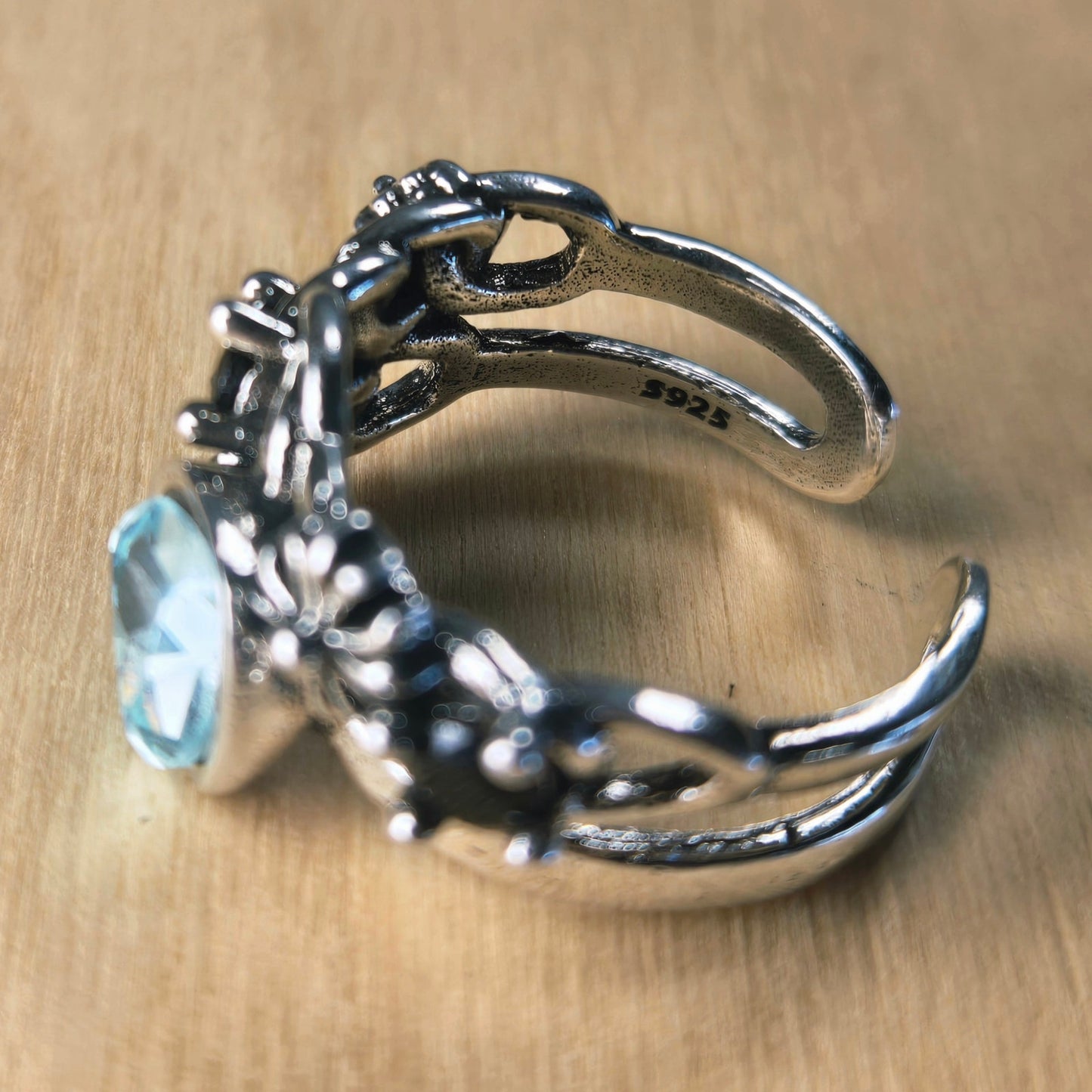 Adjustable | Floral 925 Sterling Silver Ring with Blue Teardrop Stone