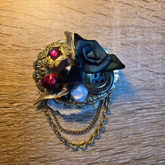 Gold Tone Assemblage Brooch with Chain Drape & Mixed Media Details