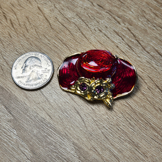 Red Enamel Hat Brooch with Rhinestone Flowers