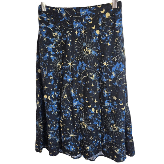 XS – Midnight Hour Black & Blue Celestial Zodiac Midi Skirt with Slits & Pockets