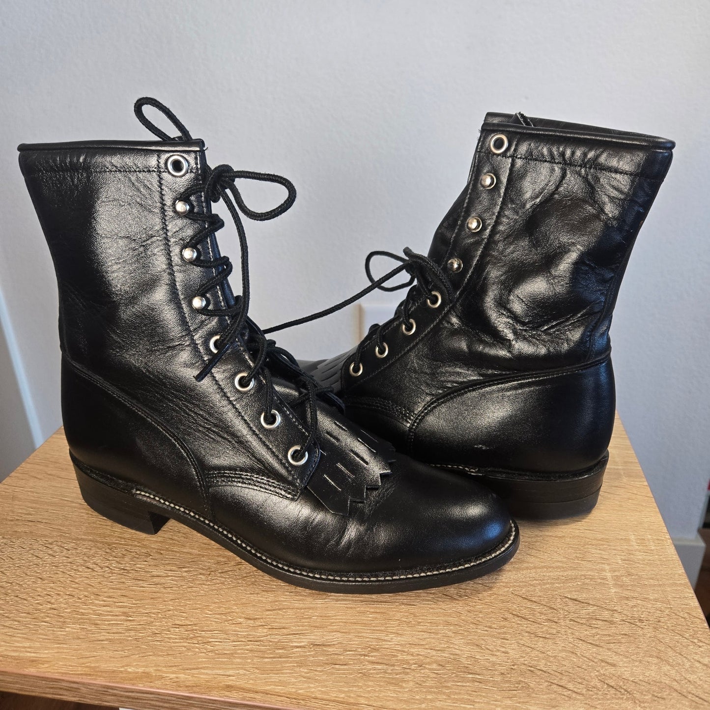 Size 6.5 Justin Black Leather Prairie Boots Kiltie Lace Up Roper Western USA Made