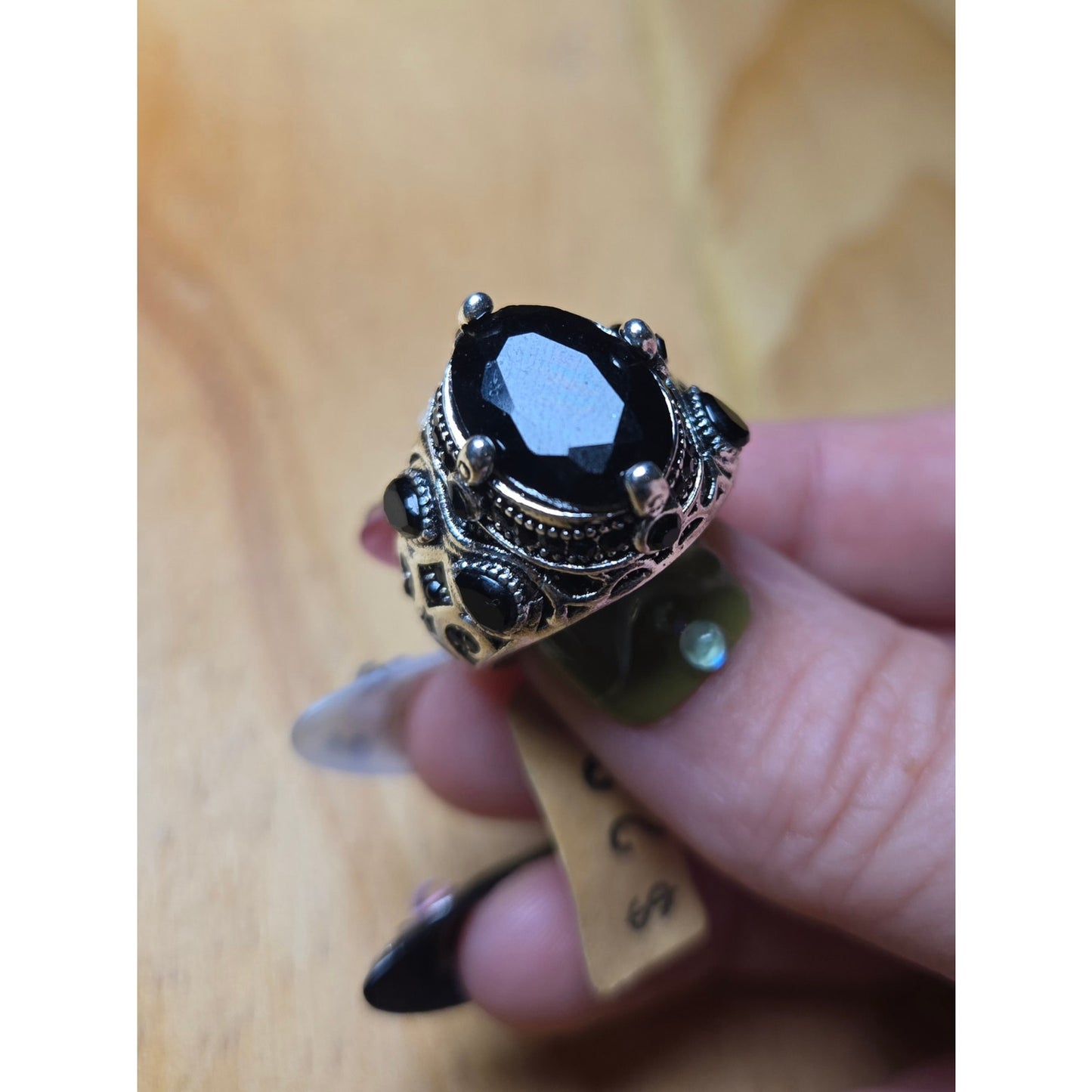 Size 8 Gothic Black Stone Statement Ring Medieval Baroque Style Silver Tone Chunky Ring