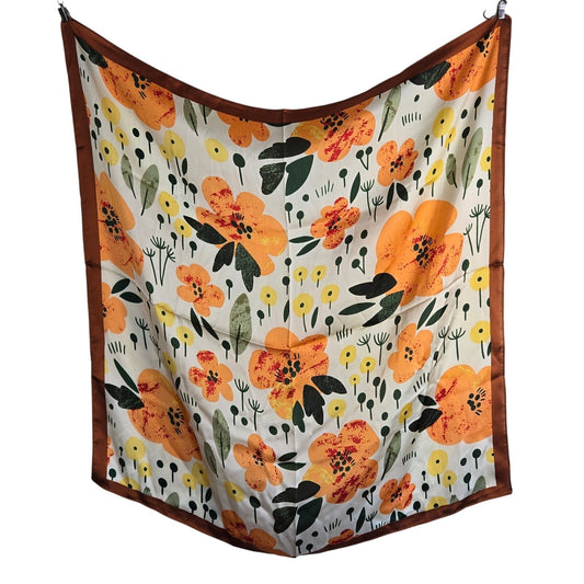 Retro Mod Floral Scarf – 28" Square Orange + Yellow Pop Art Flowers | Y2K Cottagecore Headscarf, Boho Bandana Wrap