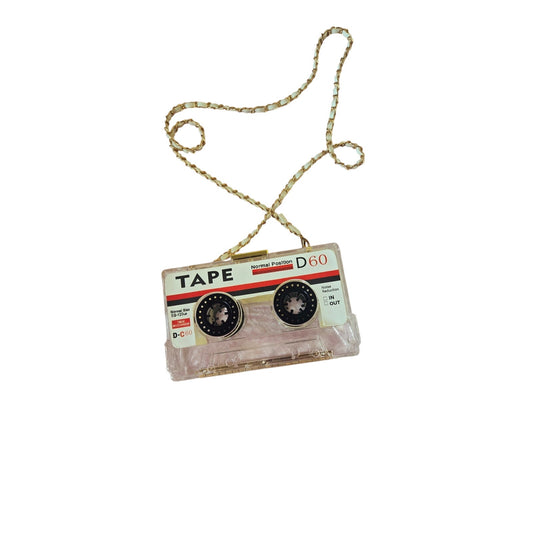 Cassette Tape Crossbody box bag clear gold and white handle