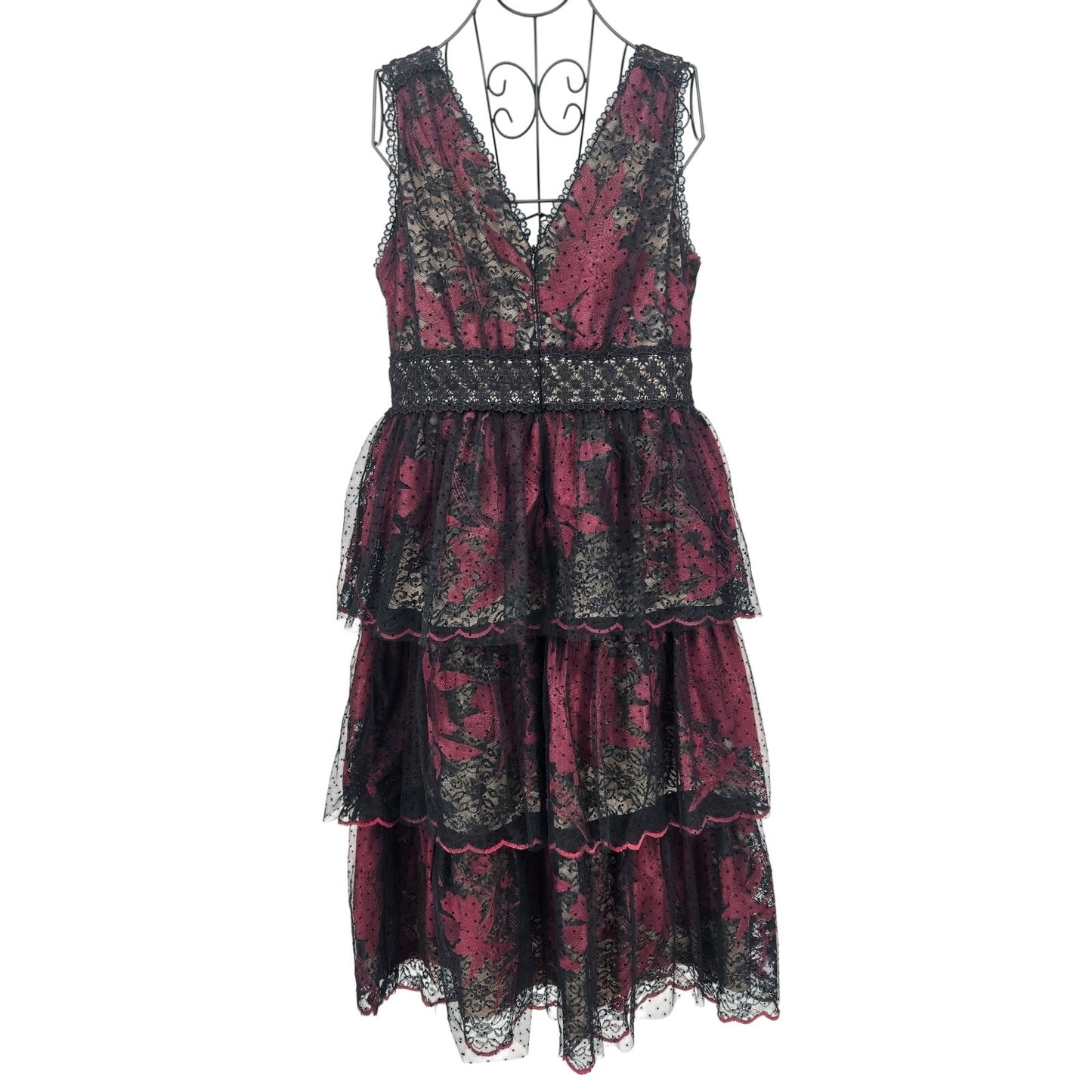 Size 12 BHLDN Burgundy Black Lace Midi Dress Gothic Floral Mesh Party Prom
