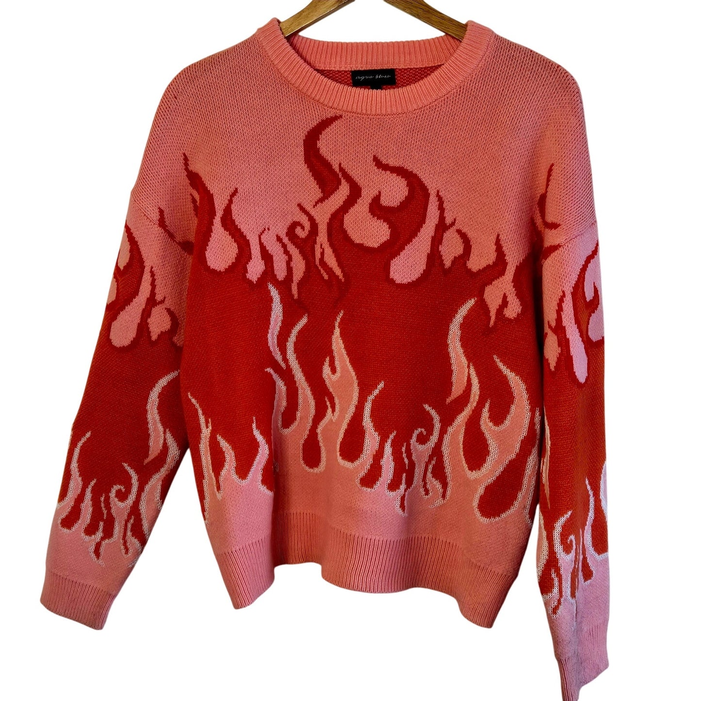 Size M – Pink & Orange Fire Print Oversized Knit Sweater