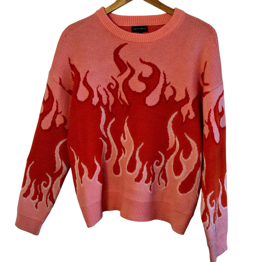 Size M – Pink & Orange Fire Print Oversized Knit Sweater