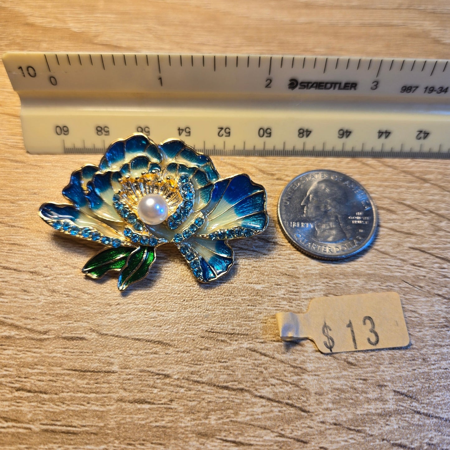 Blue Enamel Rhinestone Flower Brooch with Faux Pearl Center – Gold Tone Pin