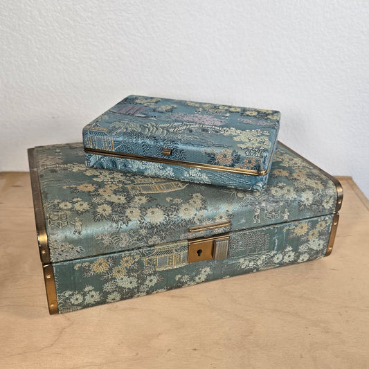Vintage Embroidered Silk Jewelry Box Set – Blue Asian Scene, Satin Lined, Gold Metal Trim