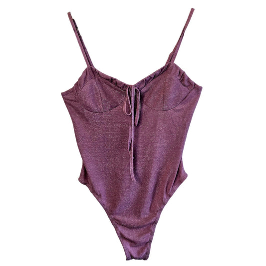 Size L – Cider Dusty Pink Sparkle Bodysuit w/ Keyhole & Ruffle Bust