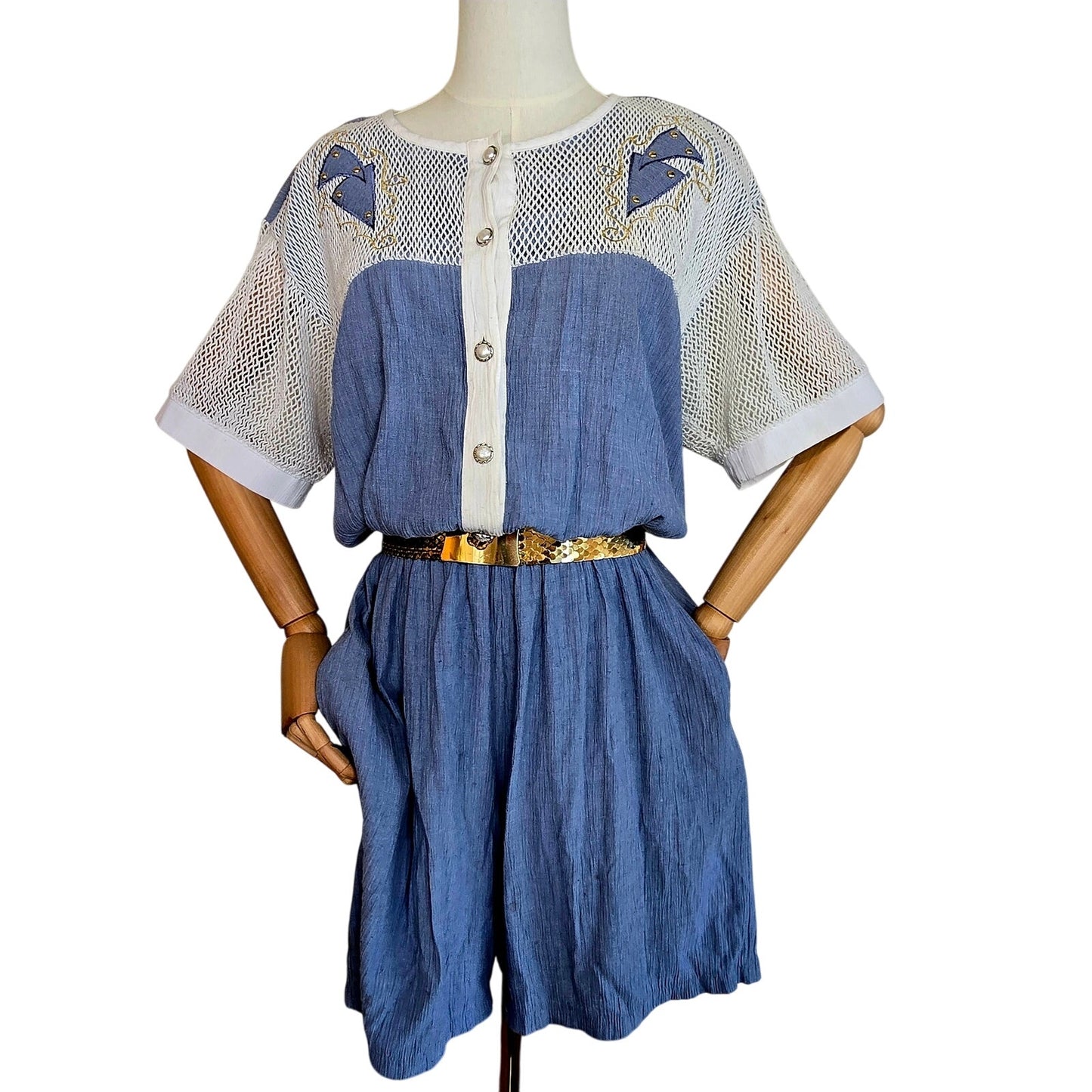 Size L – Vintage 1980s Raphael Denim Blue & White Mesh Romper