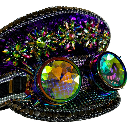 Steampunk Commander Hat – Purple Sequin with Kaleidoscope Goggles