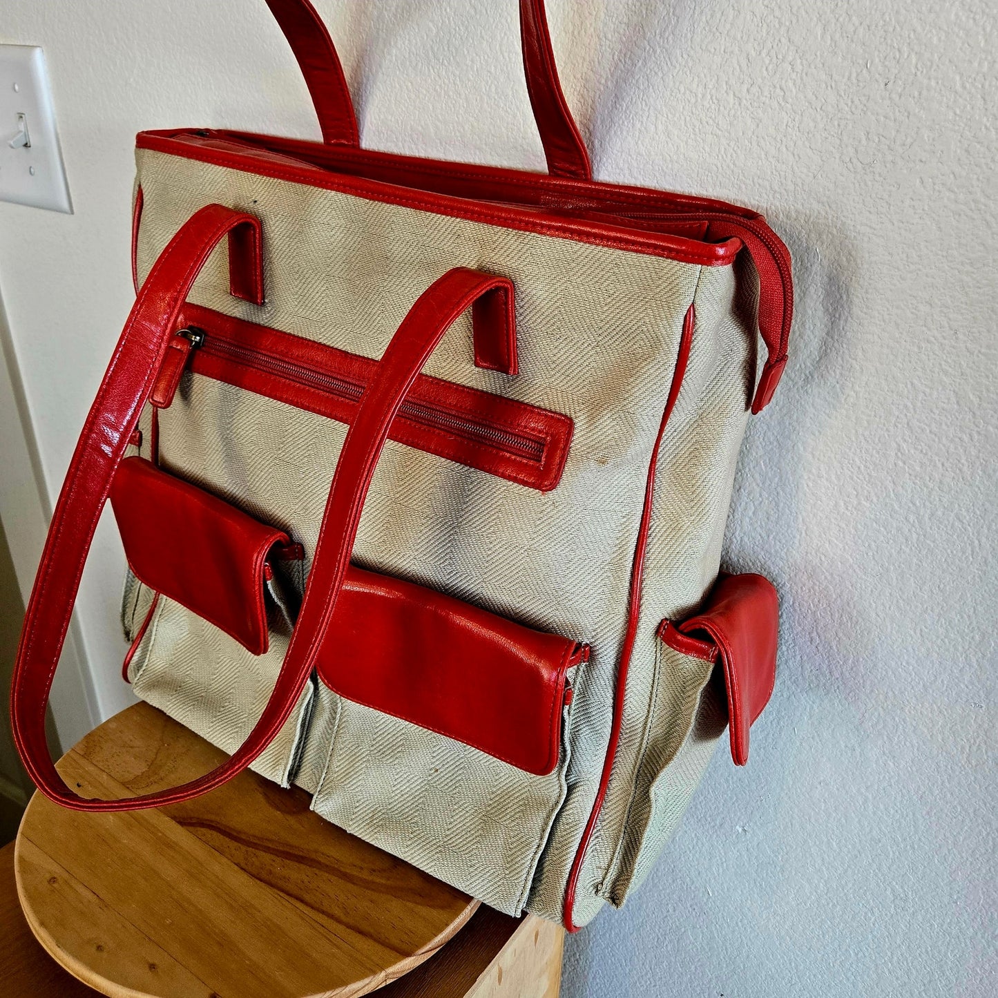 Buxton Cream Canvas & Leather Tote Bag w/ Rainbow Lining
