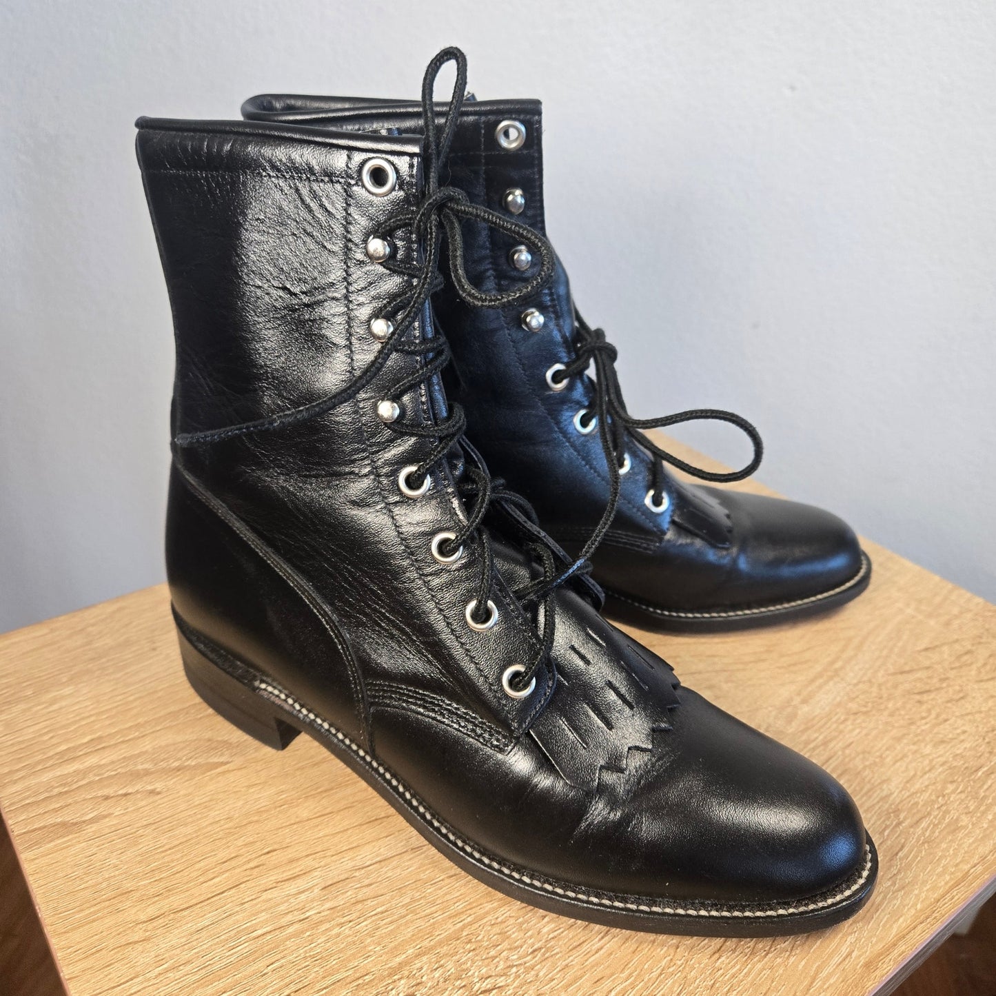 Size 6.5 Justin Black Leather Prairie Boots Kiltie Lace Up Roper Western USA Made