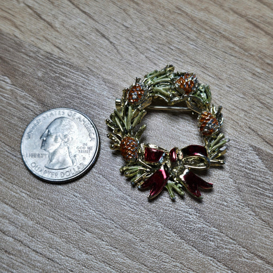 Holiday Pine Wreath Brooch with Bow