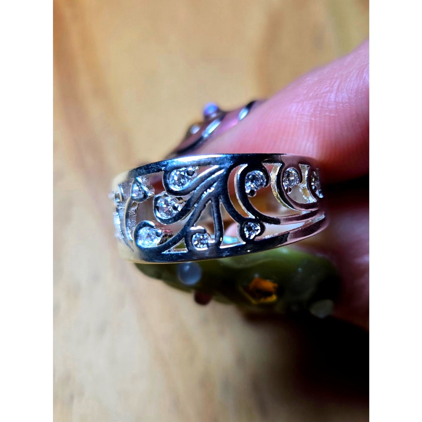 Size 8 Sterling Silver Filigree Band Ring 925 CZ Scroll Design Wide Band