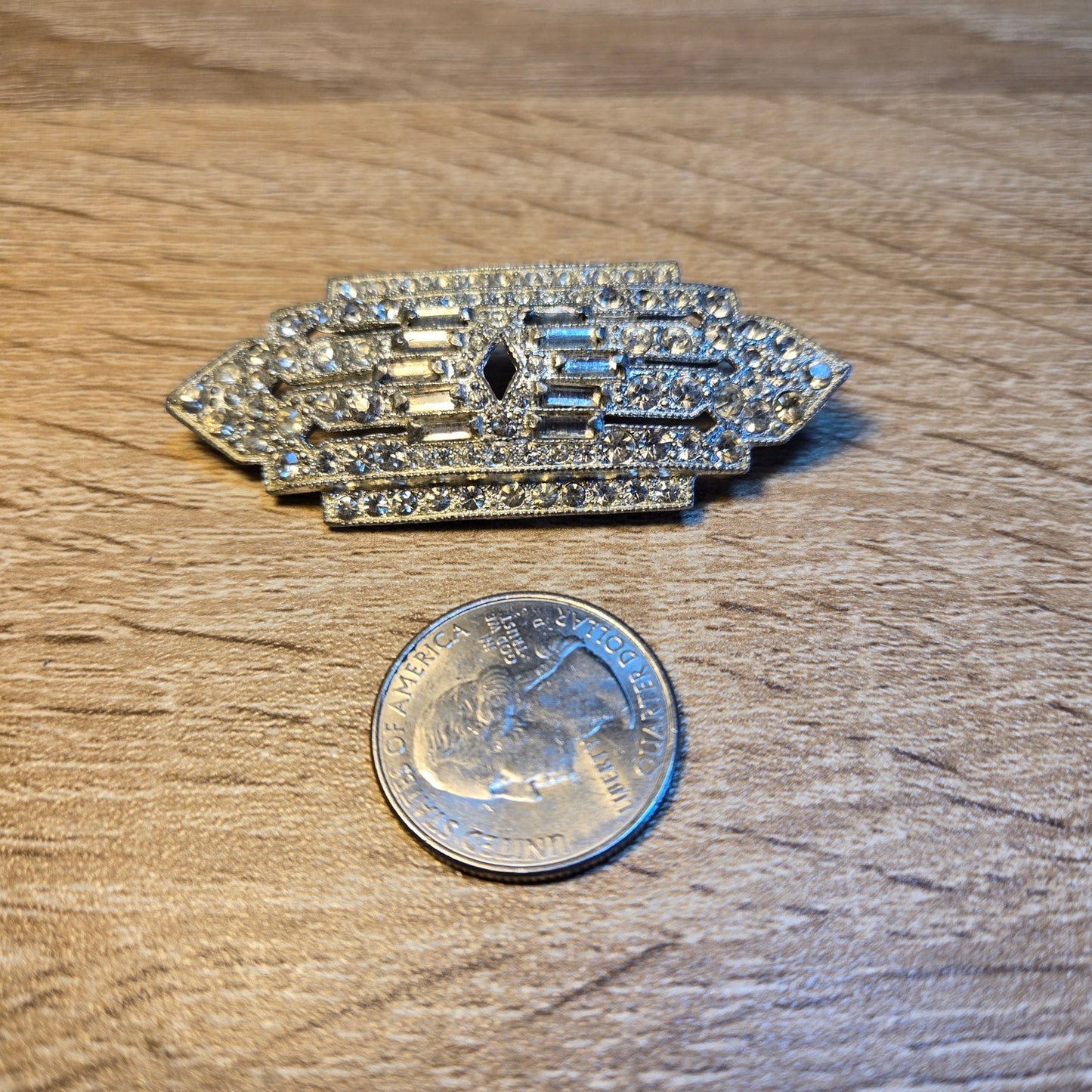 Vintage Art Deco Rhinestone Bar Brooch Silver Tone Geometric Pin