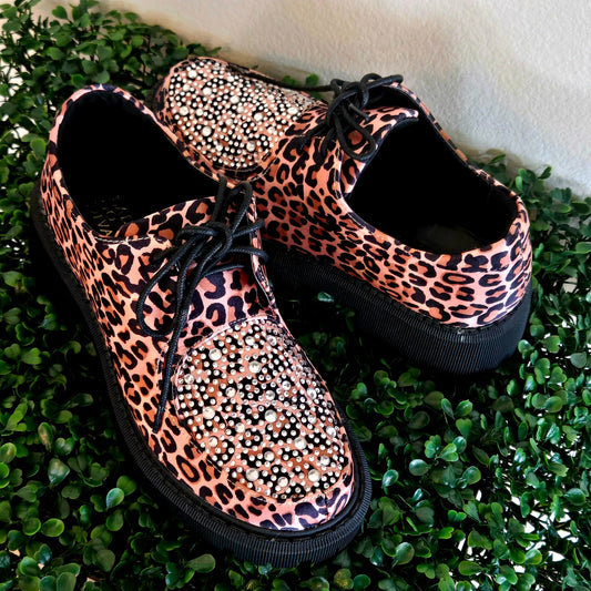 Size 6.5 – Lady Go Diva Leopard Satin Oxfords w/ Rhinestone Toes (NWT)