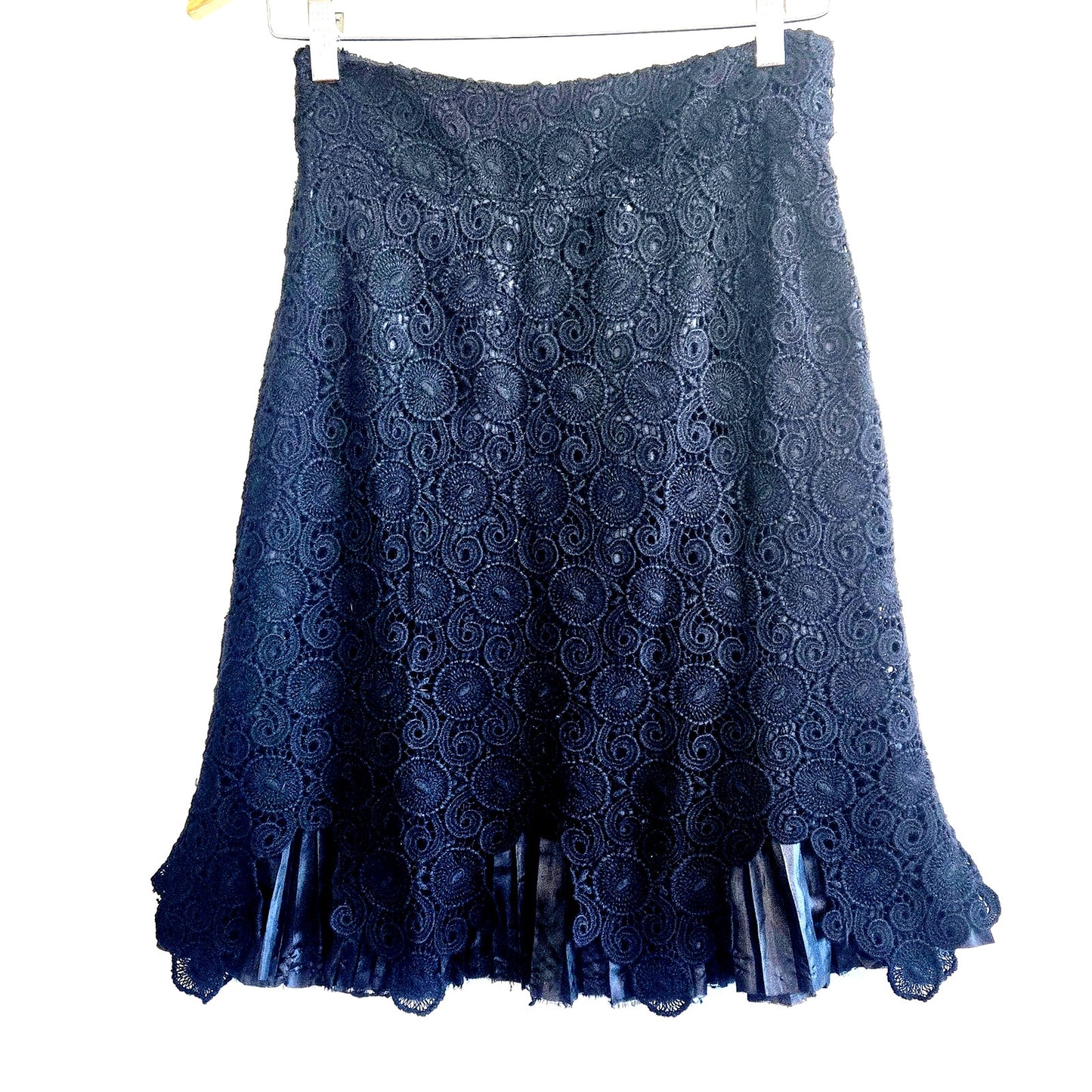 Size 2 – Anthropologie black crochet overlay skirt with pleated satin hem