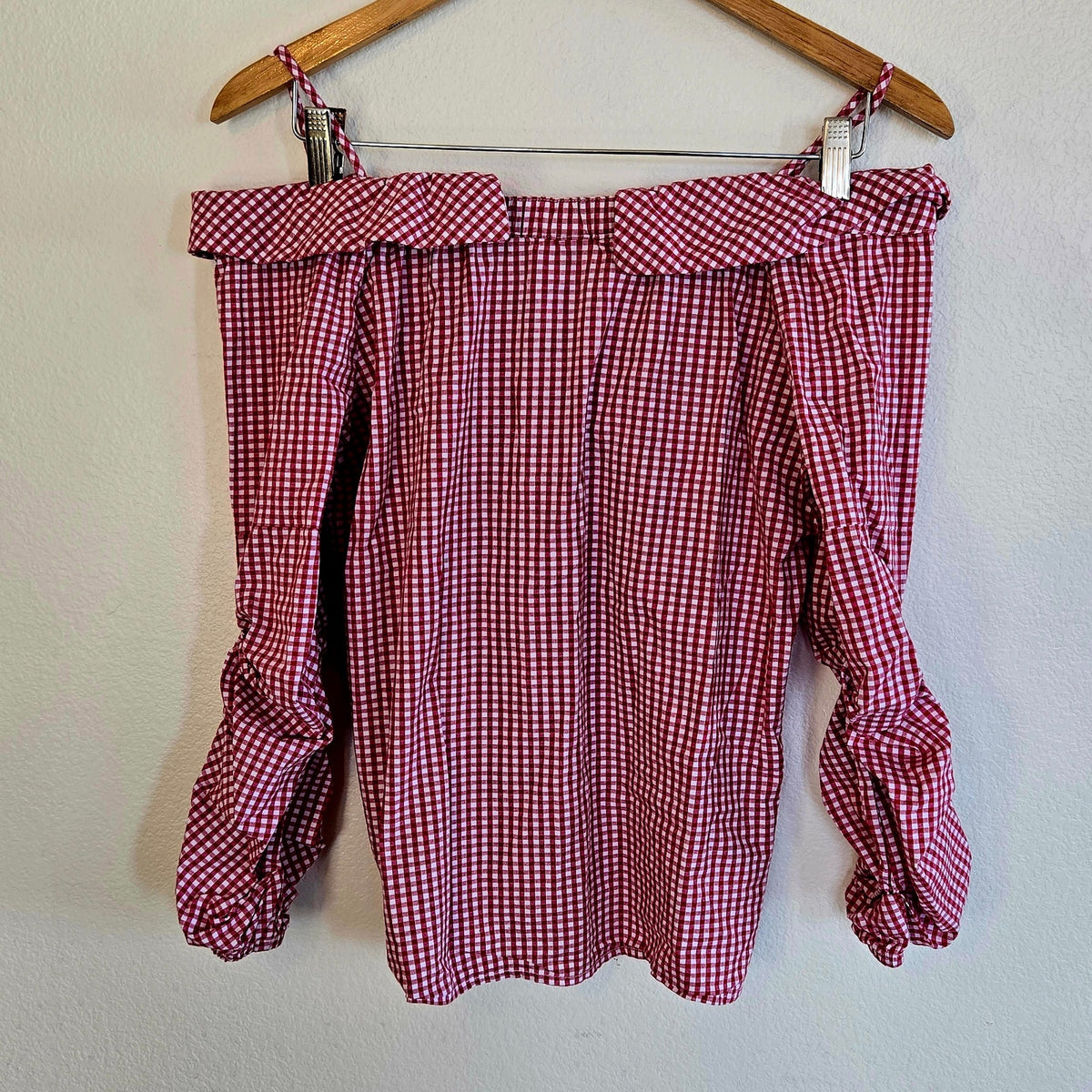 Red and white gingham plaid off the shoulder ruched sleeve cotton top