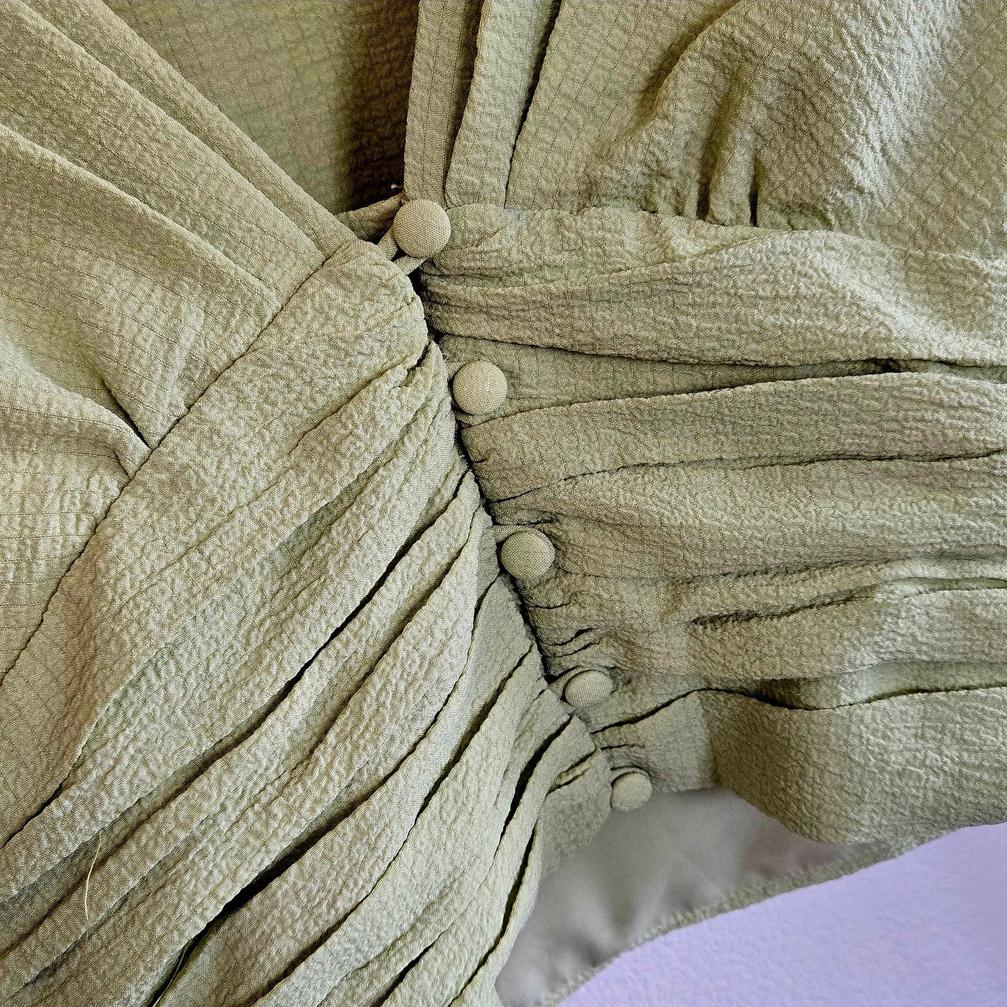 Pistachio green V neck Button front blouse with balloon sleeves cropped