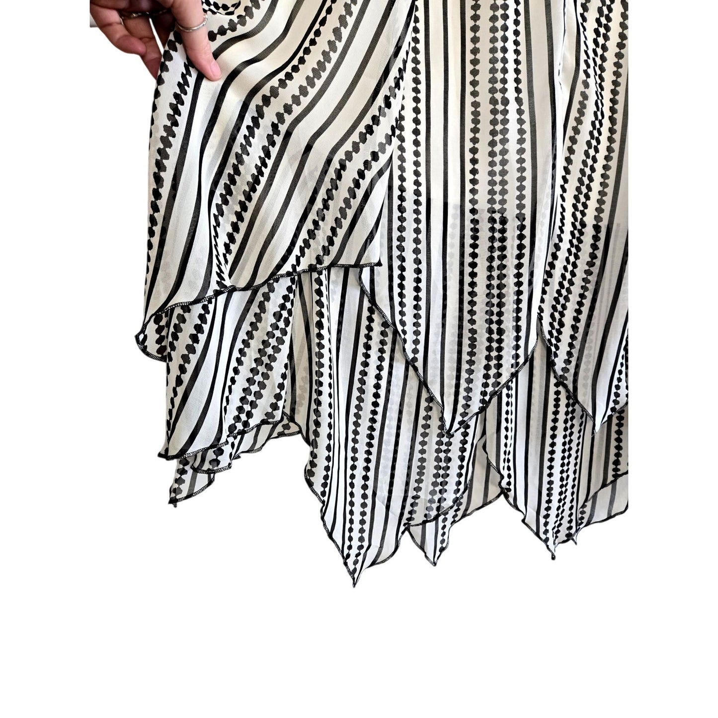 Size Medium Black White Asymmetrical stripe Midi Skirt Boho Handkerchief Hem Chiffon