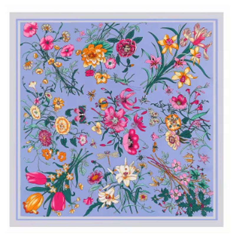 51" x 51" Square Silk Scarf – Periwinkle Blue Floral Print