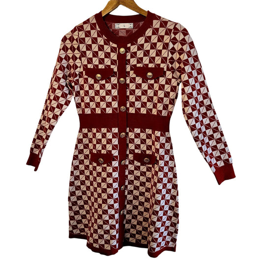 Size L – Retro Rust & Gold Knit Button-Front Midi Dress