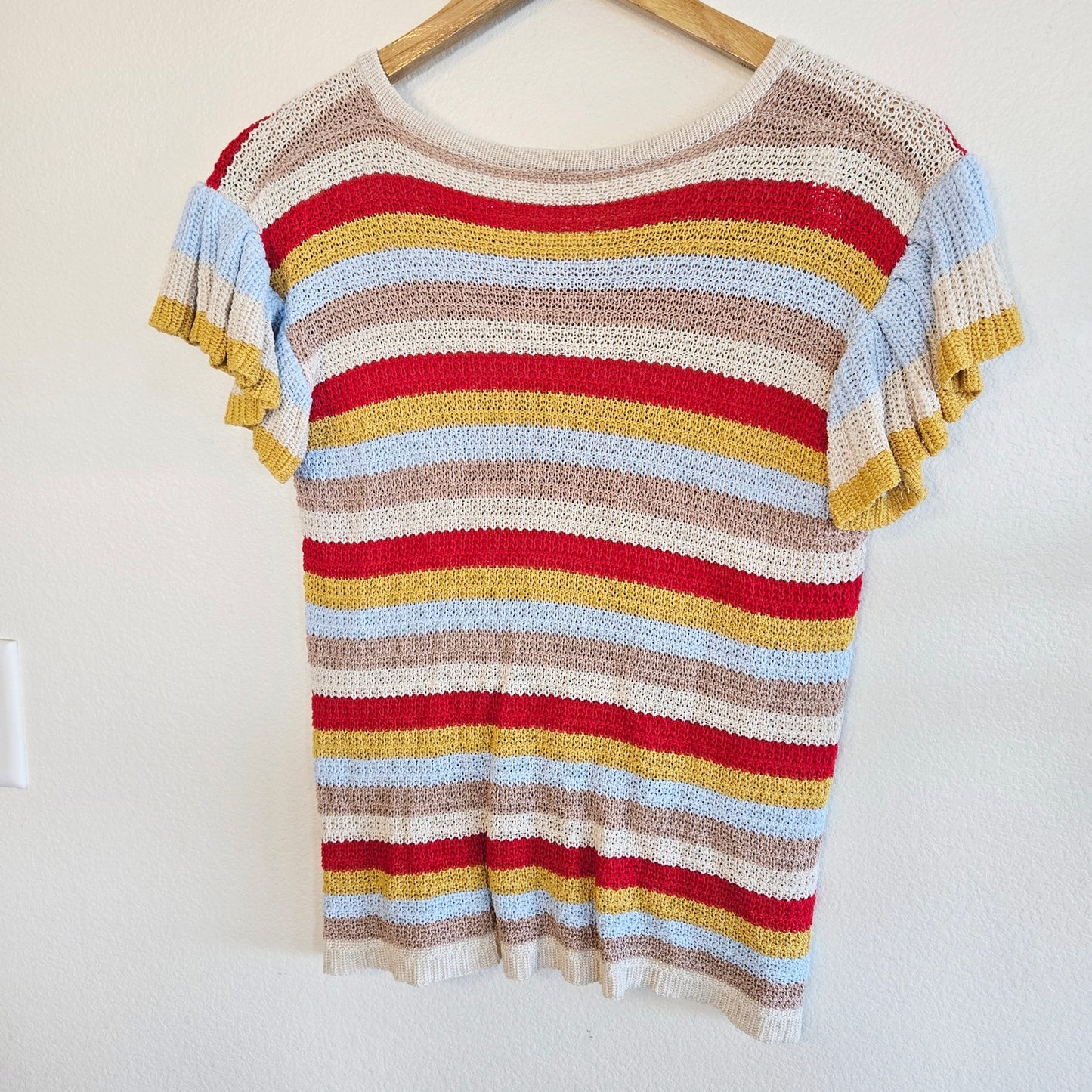 Size S – Rainbow Stripe Neutral Knit Ruffle Sleeve Tee