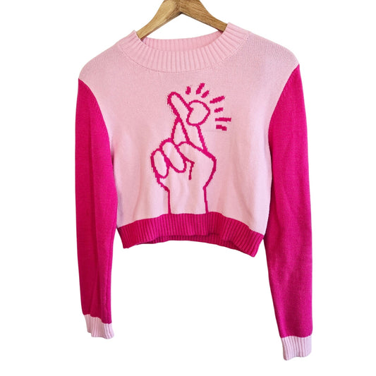 Size L – Pink "Fingers Crossed" Cropped Knit Sweater