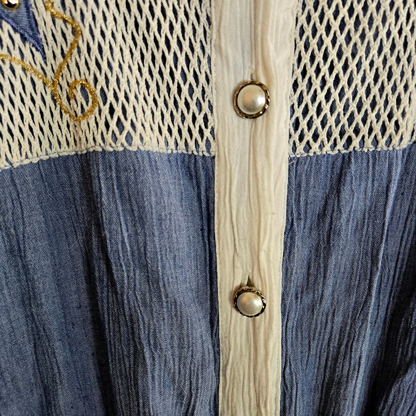 Size L – Vintage 1980s Raphael Denim Blue & White Mesh Romper