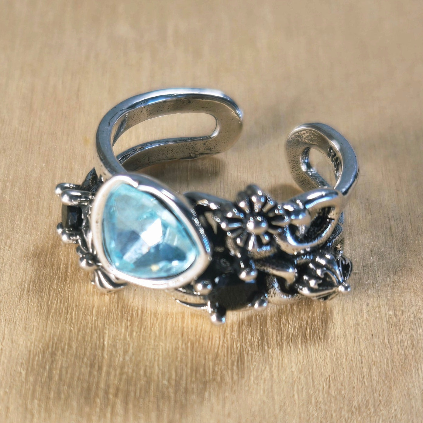 Adjustable | Floral 925 Sterling Silver Ring with Blue Teardrop Stone