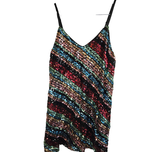 XL Multicolor Rainbow Sequin Party Dress–Black Lined Slip Dress Stretchy Sparkle