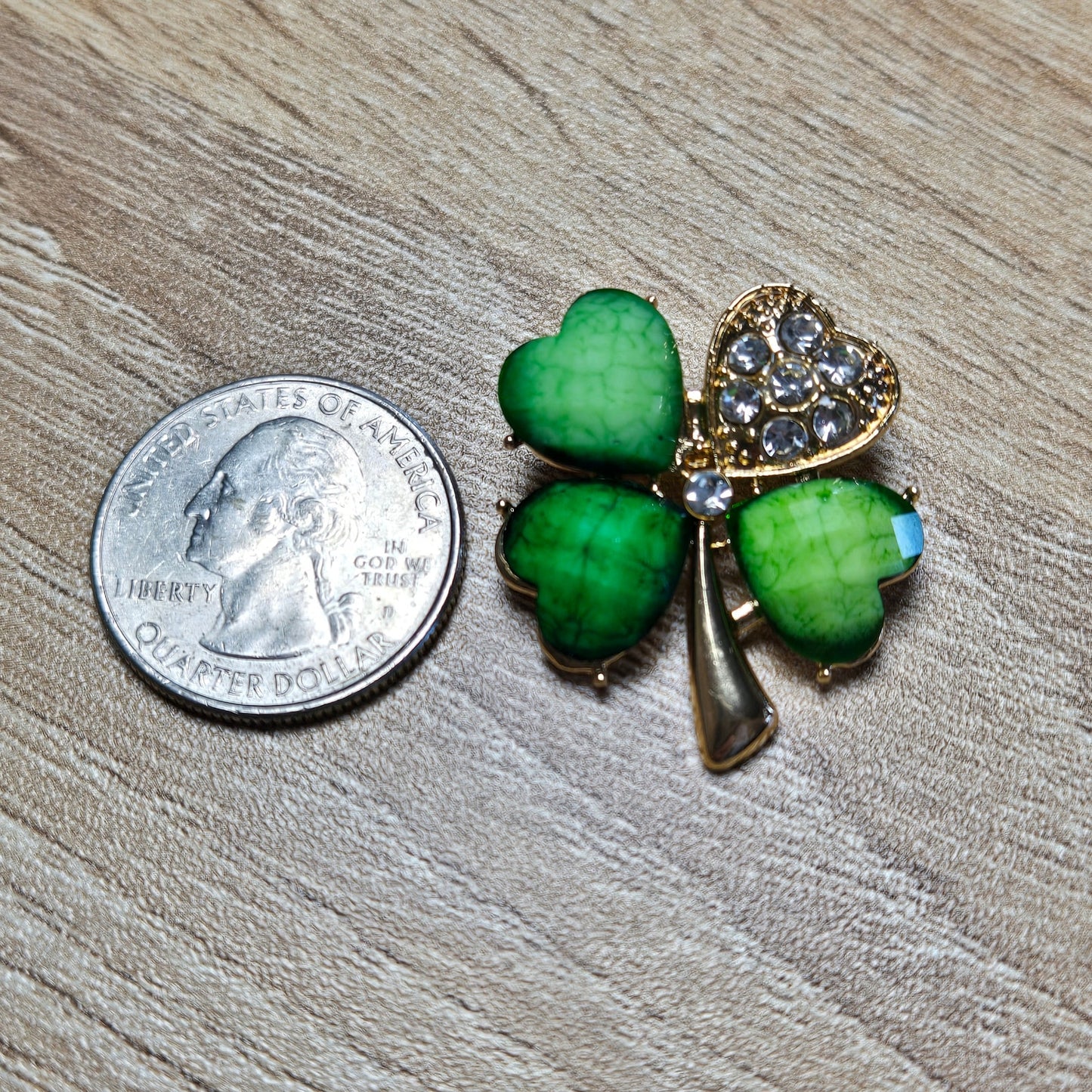 Green Heart Clover Brooch with Rhinestones