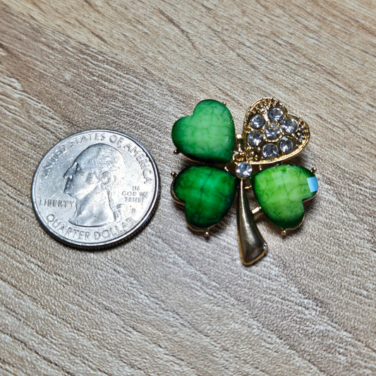 Green Heart Clover Brooch with Rhinestones