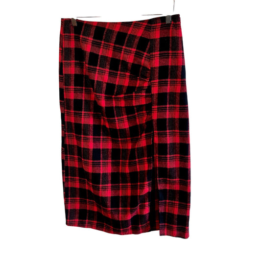 Size L – Cider Red & Black Plaid Flannel Ruching Slit Wiggle Skirt